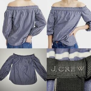 XS JCREW Black Label OFF SHOULDER BLUE WHITE STRIPE loose fit shirt top small 00